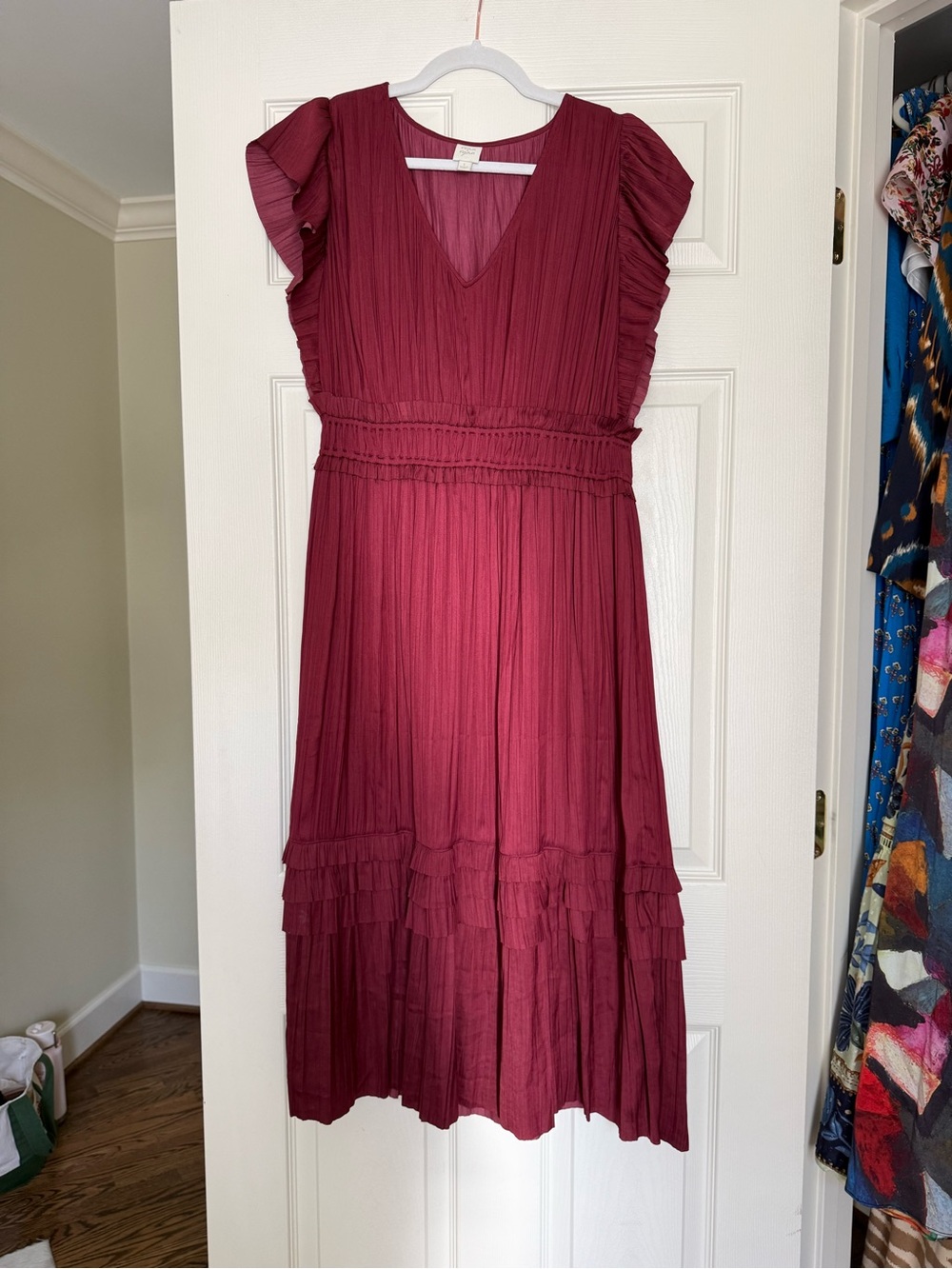 Women's Burgundy Ruffled Midi Dress